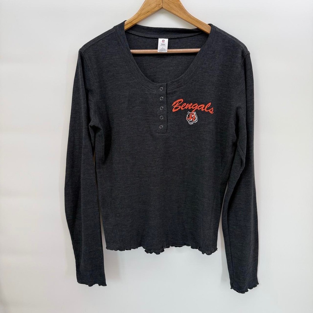NFL Team Apparel Cincinnati Bengals Waffle Knit Henley Thermal Grey Womens Large